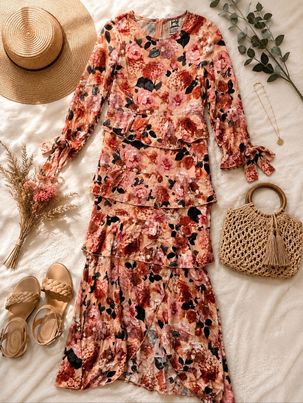 Boho Floral Maxi Dress Tiered Ruffle Cottagecore Prairie Romantic Small